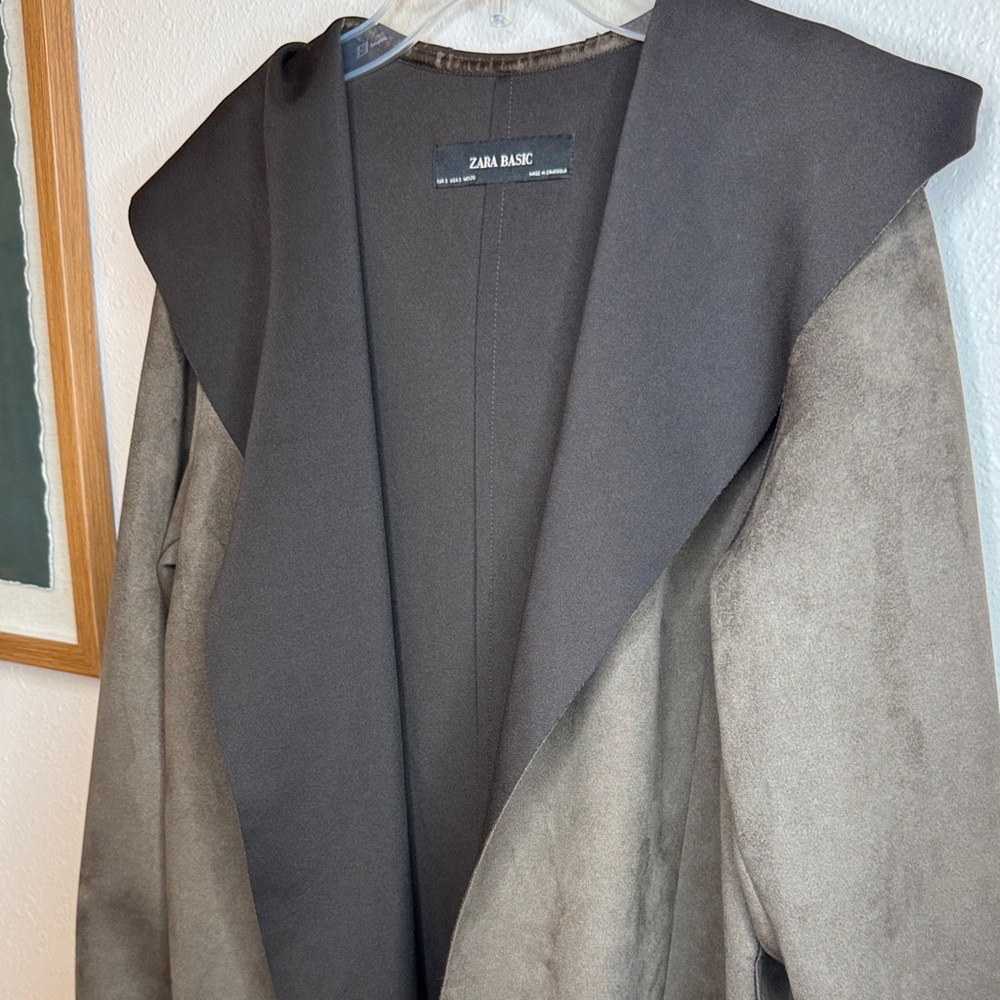Zara Basic Faux Suede Dark Brown Women's Cape Coat with‎ Hood - Small - Picture 4 of 15